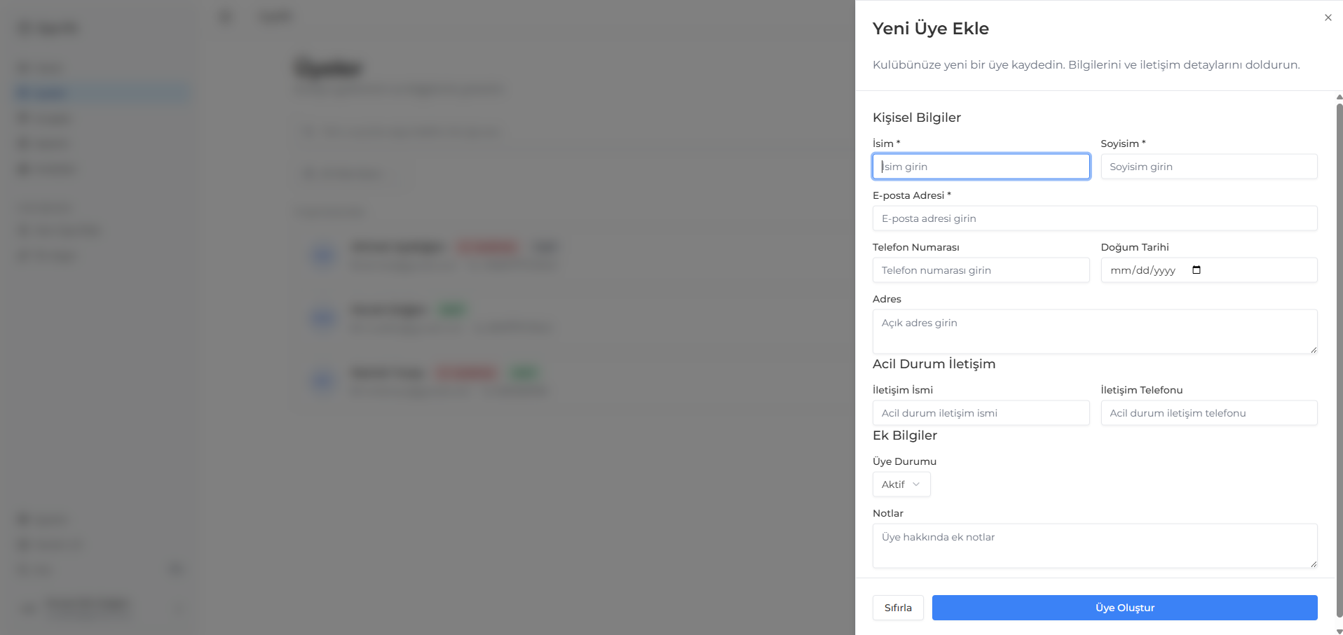 Üye ekleme ekranı